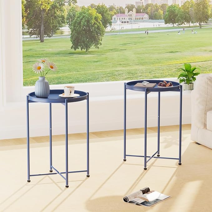Garden 4 you Small Side Table, Blue Mini Round End Table, Tray Table with Metal Frame, Modern Nightstand for Living Room, Bedroom, Patio, Small Space, 1pcs