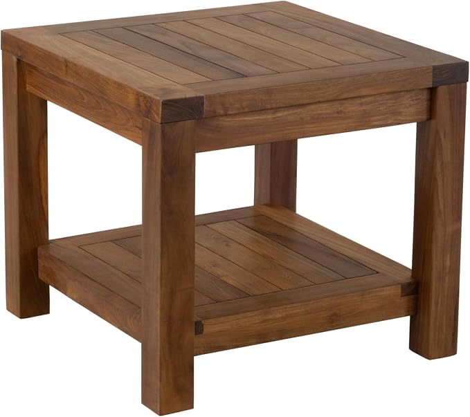 Teak Wood Side Table with Storage - Teak Oil Finish Indoor and Outdoor Wooden Furniture for Deck, Porch, Balcony, Living Room, Bedroom and Backyard (18" D x 18" W x 18" H)
