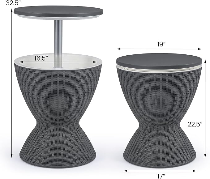 COSTWAY Outdoor Cool Bar Table, 8 Gallon Beer and Wine Cooler, Height Adjustable Rattan Style Cocktail Patio Bar Tables, 3-in-1 Ice Cooler with Drainage Plug for Deck, Pool, Party, Beach (Gray)
