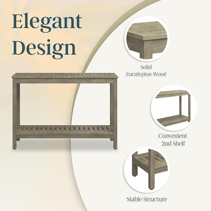 DTY Outdoor Living Eucalyptus Wood Console Table, Two-Shelf Outdoor Buffet, Driftwood Gray Weather-Resistant Finish