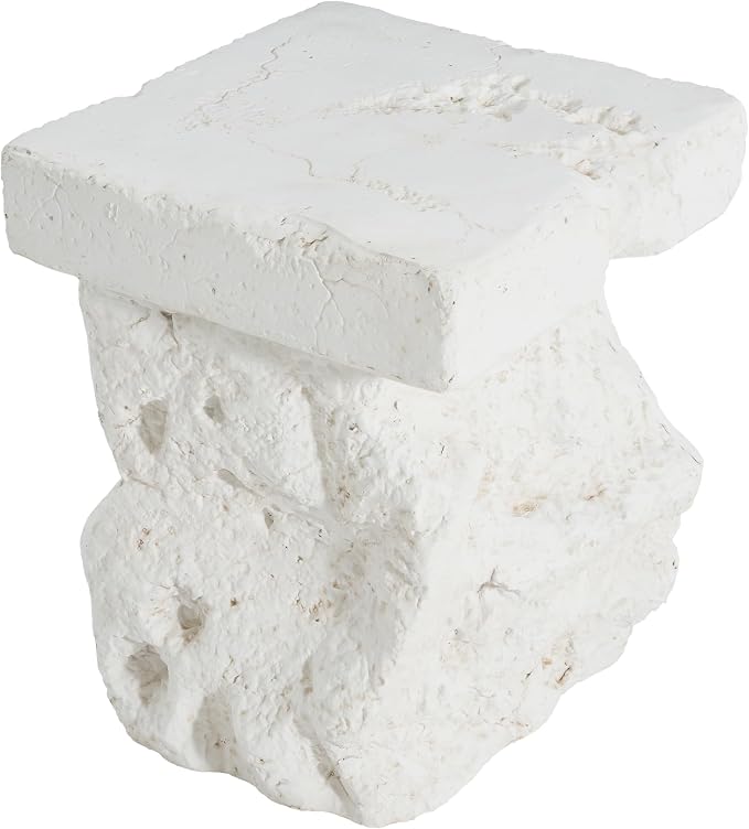 Christopher Knight Home Nataly 18.75" H Small Outdoor Side Table, Carved Garden Stool with Stone Block Shape, Lightweight Concrete End Table, Patio Decorative Home Stool for Balcony Backyard, White
