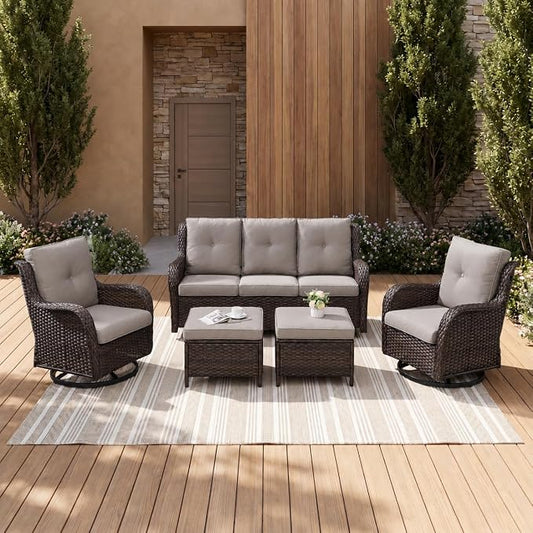 Rilyson Wicker Patio Furniture Set - 5 Piece Rattan Outdoor Sectional Conversation Sets with 2 Rocking Swivel Chairs,2 Ottomans and 1 Sofa for Porch Deck Garden(Brown/Grey)