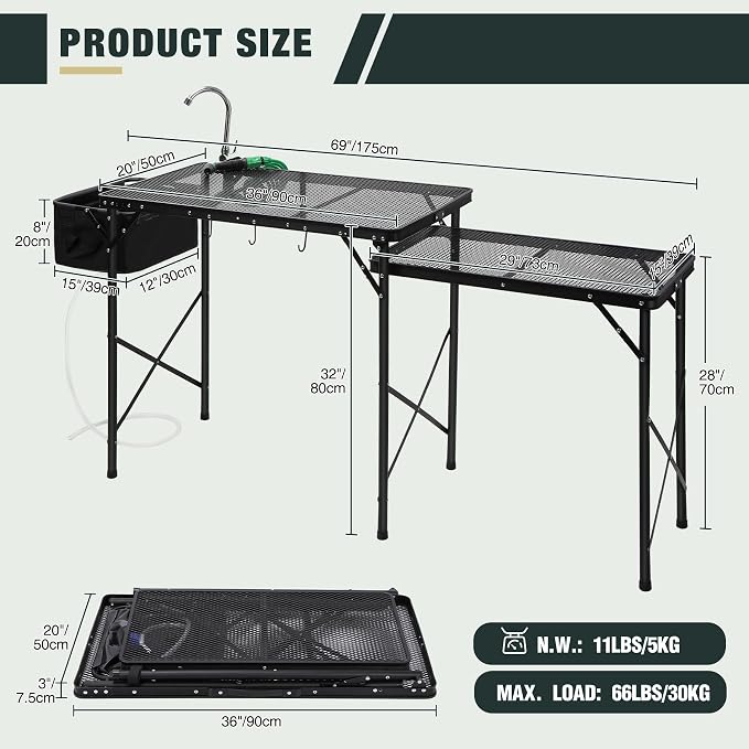 REDCAMP Lightweight Camping Kitchen Table with Sink, Metal Folding Portable Camping Cooking Station Grill Table with Hooks for Outdoor, BBQ, Party and Picnic(Faucet/Sprayer Included)