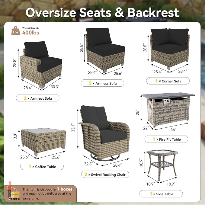 LazySunsets Luxury Patio Furniture Set with Fire Pit Table，All-Weather Patio Sectional Sofas with Thickened Cushions, 13 Piece Outdoor Furniture Sectional Set with Swivel Rocker Chairs of 2，Black