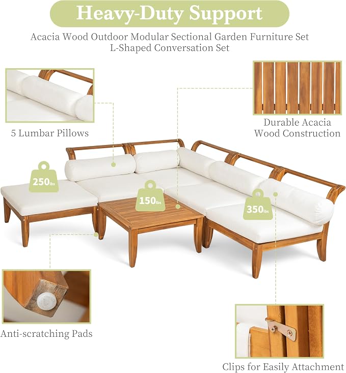 6 Piece Acacia Wood Patio Sofa Set with Tea Table, L-Shaped Modular Sectional Outdoor Garden Furniture Set Conversation Sofa Set Convertible Daybed with 5 Cushions and Pillows, Teak