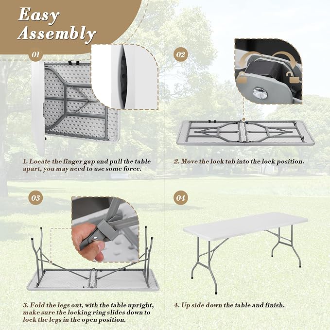 Athena Collection 6ft Folding Table, Lightweight Portable Desk with Handle, Square Foldable Plastic Table for Card Games, Collapsible Dining, Indoor Outdoor Camping Picnic & Party Use, White
