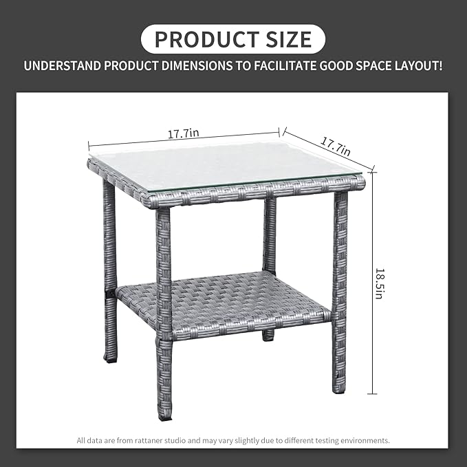 Outdoor PE Wicker Side Table - Patio Rattan Garden Coffee End Square Table with Glass Top-2-layer Table Furniture, Grey