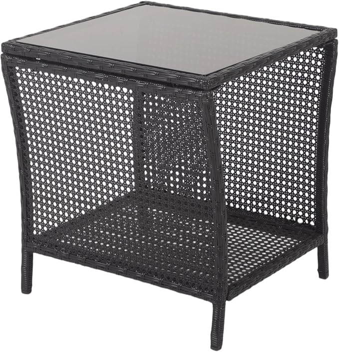 Outdoor Side Table - Patio Rattan End Table with Square Glass Tabletop, Wicker Outdoor Side Table with Extra Storage Shelf for Garden, Backyard, Porch, Black