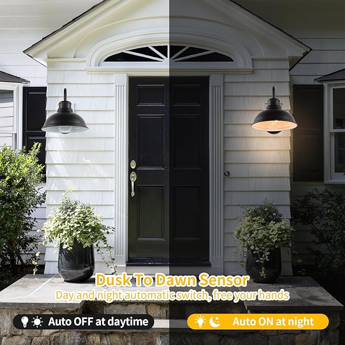Dusk to Dawn Barn Light Outdoor Sconce 8" Exterior Lighting Fixtures 2 Pack | Anti-Rust Waterproof Farmhouse Industrial Vintage Matte Black Wall-Mount for Porch/Garage/Patio Yard ETL Listed