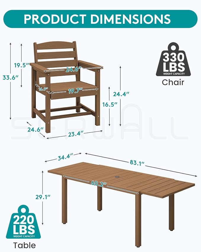 SERWALL 10-Piece Patio Dining Sets with 15FT Patio Umbrella, Brown | 60" - 83" Expandable Outdoor Dining Table and 8 HDPE Chairs, All Weather HDPE Outdoor Furniture Set