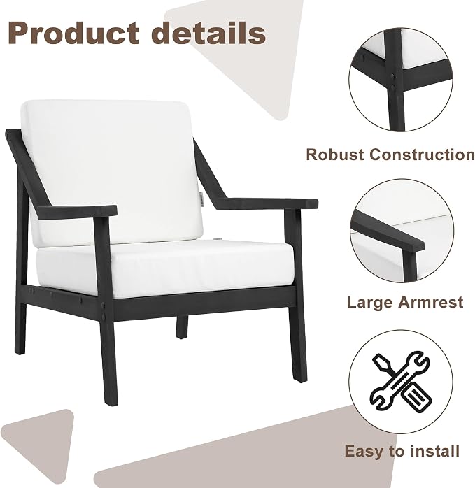 Outdoor Patio Furniture Set, 2 Piece Outdoor Patio Sofa Armchairs with Washable Thick Cushions, All-Weather Solid Wood Patio Bistro Set for Porch, Balcony, Black Frame & Beige Cushion