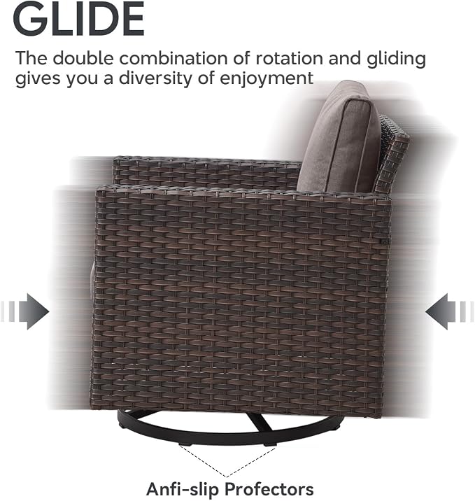 5 Piece Wicker Patio Furniture Set - Outdoor Swivel Rocker Chairs Set with 3 Seat Sofa and Ottomans, Small Patio Conversation Sets Proch Furniture for Balcony Deck - Brown/Grey
