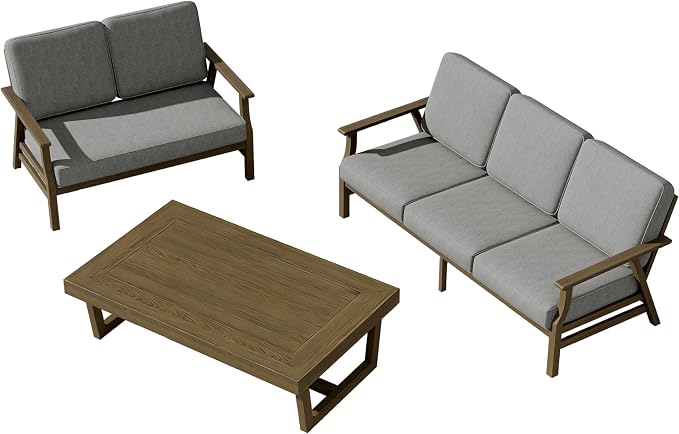 3 Pieces Patio Furniture Sets, Teak Wood Outdoor Sectional Furniture with Coffee Table, 5 Seats Patio Sofa Couch Conversation Set for Backyard Deck - Gray
