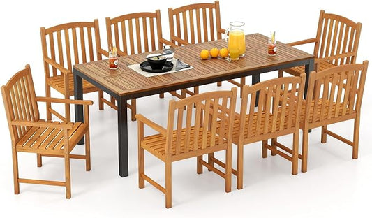 Tangkula 9 Piece Outdoor Wood Dining Set, Patio Rectangular Table with Umbrella Hole and 8 Solid Acacia Armchairs, for Porch, Garden, Backyard, Balcony