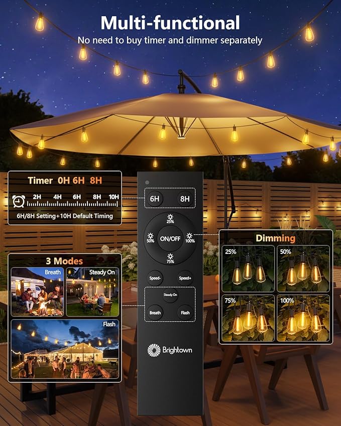 Brightown 52FT Solar String Lights Outdoor Waterproof with Remote, 15+1 LED Shatterproof Bulbs, Dimmable & Timable, 3 Light Modes - Commercial Grade Patio Lights for Garden Backyard Party Decor