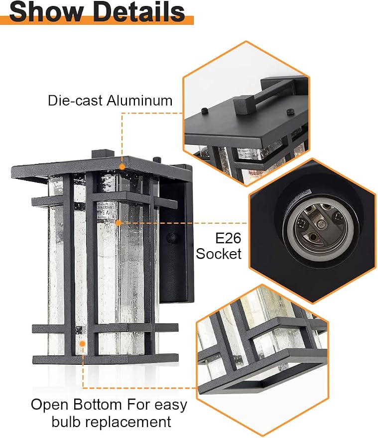 Retro Outdoor Wall Light Small Outside Wall Lamp with Clear Seeded Glass Shade 10"H Exterior Light Fixtures Wall Mount IP65 Waterproof Outdoor Porch House Lighting Exterior Wall Lantern E26 Black