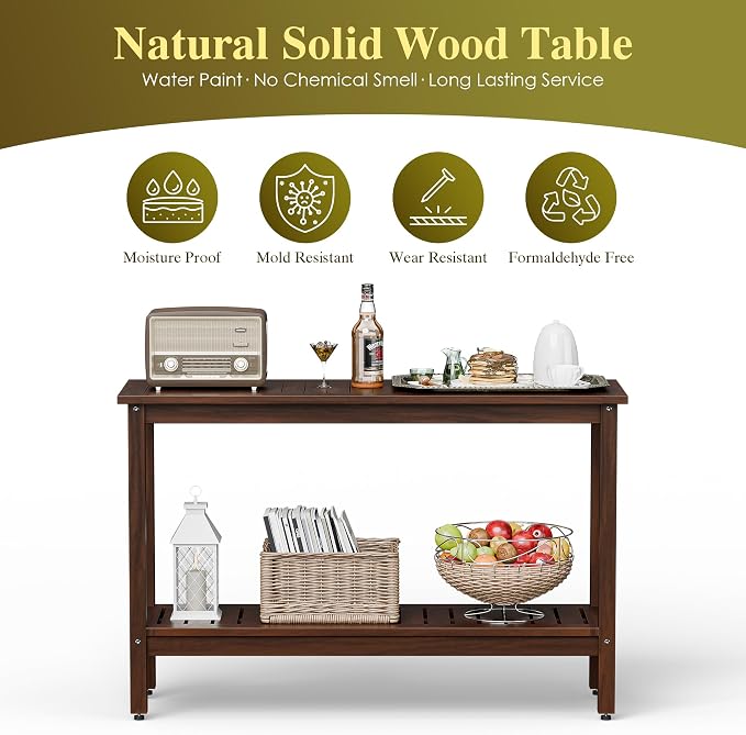 ZenStyle Solid Wood 48in 2-Shelf Console Table, Indoor Outdoor Accent Plant Table Storage Organizer w/Foot Sliders for Patio, Deck, Porch, Garden (Espresso)
