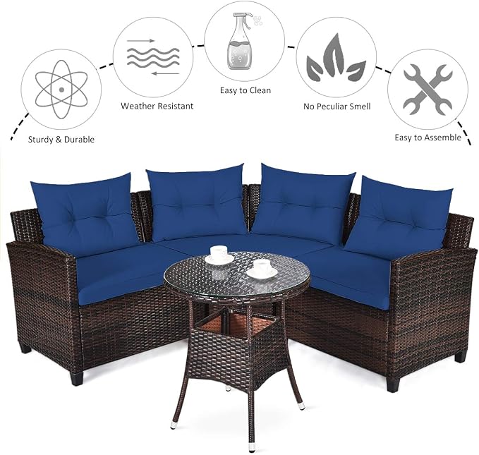 COSTWAY 4-Piece Patio Furniture Set, Wicker Rattan Sofa with Cushions and Coffee Table, Outdoor Sectional Conversation Sofa Set for Poolside Backyard Lawn Backyard (Navy)