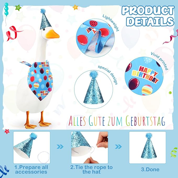 Happy Birthday Goose Outfit with Glitter Hat and Bandana,Blue | for 23" 17" Cement Plastic Porch Goose, Outdoor Statue Patio Yard Lawn Art