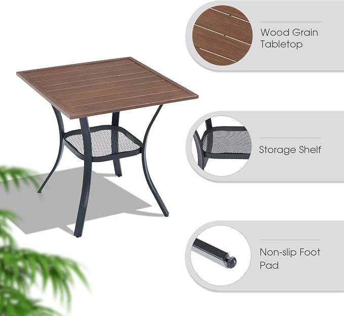 VICLLAX Outdoor Table and Chairs Set for 2, Small Patio Dining Set with 27.5" Metal Square Patio Table & 2 Swivel Outdoor Dining Chairs for Backyard Lawn Porch Garden, Mixed Brown & Walnut
