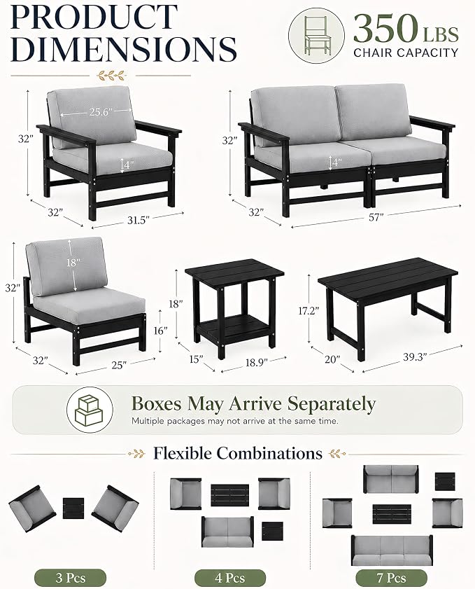 HDPE Outdoor Patio Furniture Set with Cushions, 7 Piece Patio Conversation Set Sofa Set,All Weather Outdoor Couch Set with Coffee Table for Lawn, Garden, Deck