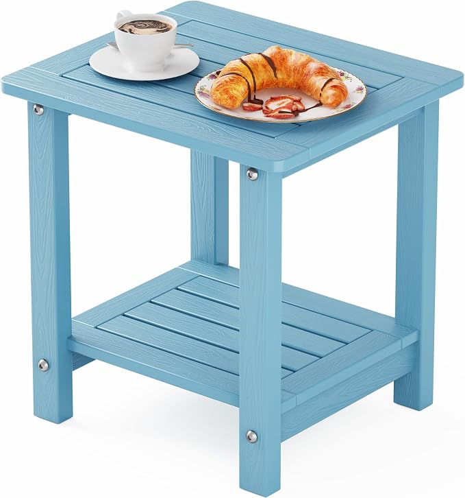 YEFU Outdoor Side Table for Patio: 16" HIPS Weather - Resistant Adirondack Tables - Waterproof Small Square End Tables for Backyard Pool Porch Balcony - Indoor Outdoor Double Layer Table Blue