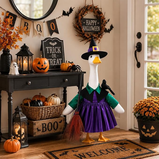 Celltestria Halloween Goose Outfit Witch Lawn Porch Goose Clothes Fall Halloween Crow Goose Costume for 23" Geese Outdoor Patio Yard Lawn Decoration