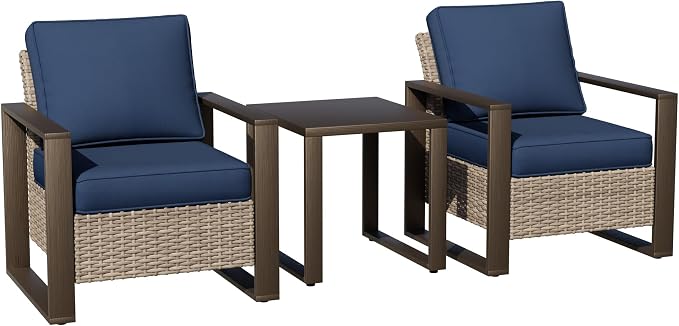 Joyside Outdoor Patio Chairs, 3 Pieces Wicker Rattan Furniture Set, 2 Patio Chairs and 1 Table, Metal Wide Armrest, Thick Cushions and Deep Seating for Garden, Backyard, Porch, Deck