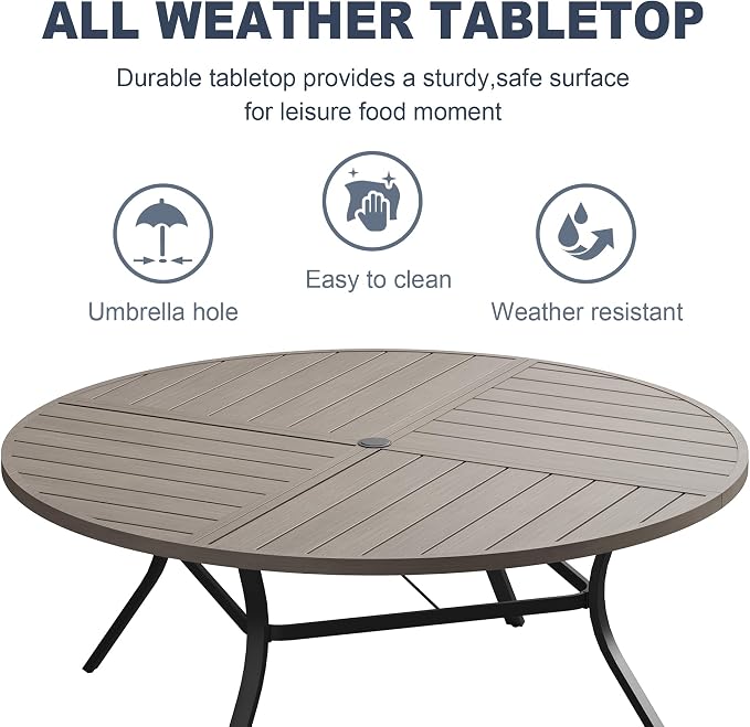 VICLLAX Patio 9 Pieces Outdoor Dining Set, 60" Round Metal Table with Umbrella Hole and 8 Swivel Textilene Chairs for Lawn, Garden, Porch, Grey