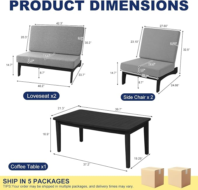 Pia Ricoo 4 Piece Patio Furniture Sets, Outdoor Furniture with 2 Chairs & Coffee Table, Patio Conversation Set for Backyard, Deck, Lawn, Gray, Dark Wood