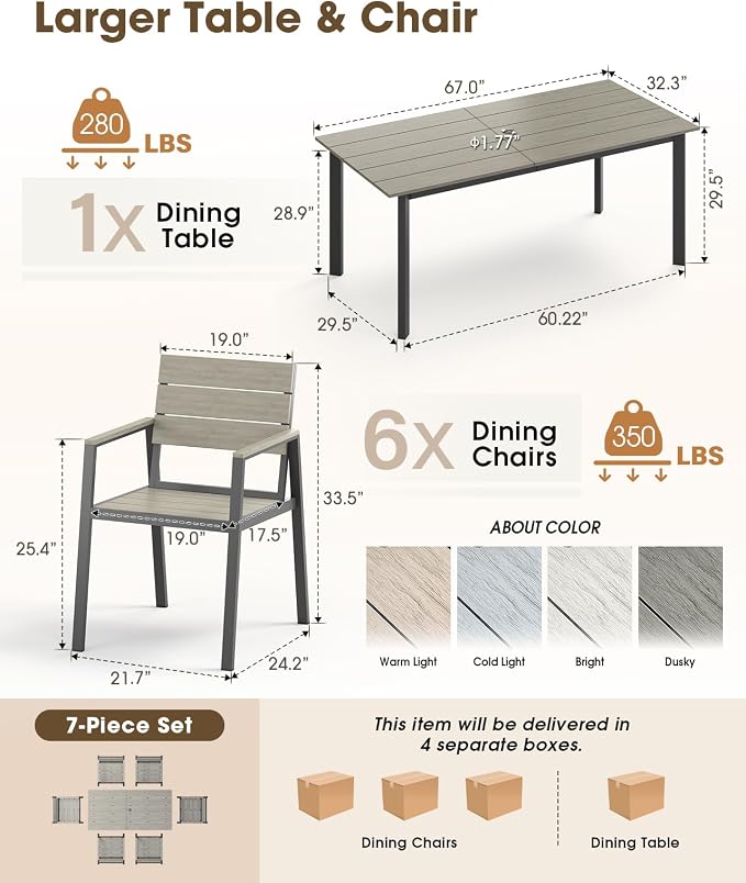 Outdoor Dining Set for 6, Aluminum Patio HDPS Outdooor Table and Chairs Set with Umbrella Hole, All Weather Patio Furniture Set, 7 Peice Patio Dining Table Set (Classic Gray)