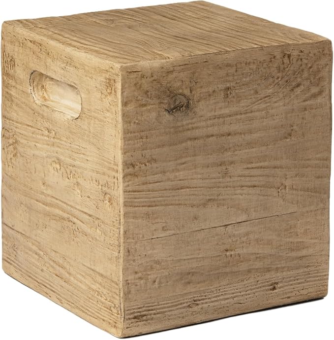 SUNBURY Outdoor Side Table, Faux Wooden Concrete Side Table, Square Lightweight End Table, Patio Accent Stump Stool Decorative for Planter Stand, Deck or Garden, Light Oak