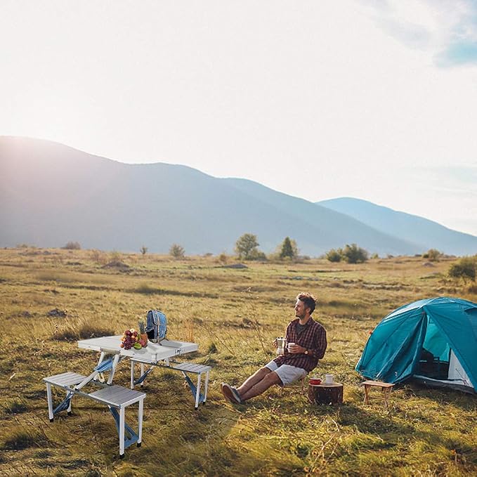 Folding Picnic Table with 4 Seats and Umbrella Hole, Portable Camping Picnic Table Set, Folding Lightweight Suitcase Card Table for Barbecue, Travel, Outing, Gathering