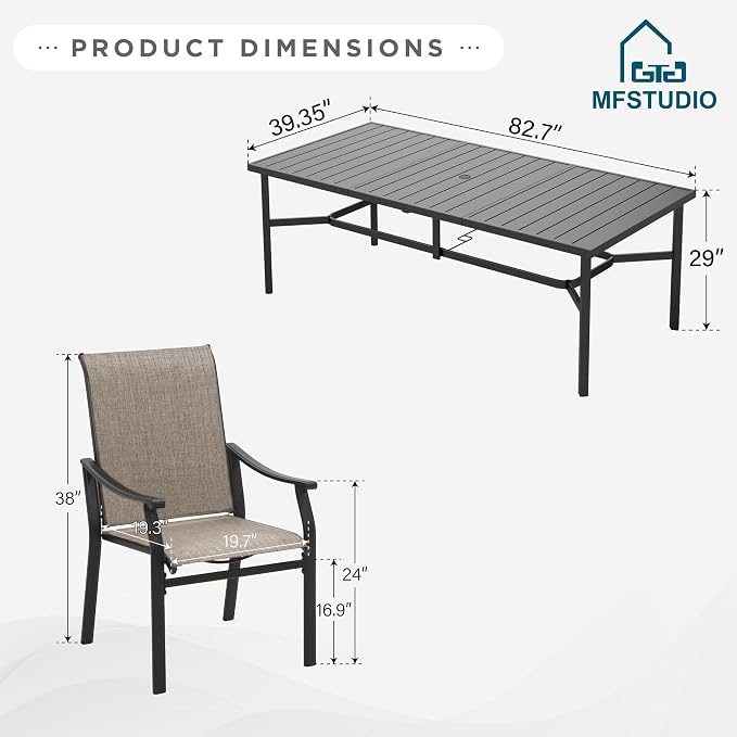 MFSTUDIO 9 PCS Patio Dining Set, Rectangular Metal Table & Textilene Chairs | Weather-resistant, 8 person, Breathable & quick-drying, Umbrella hole, Outdoor deck backyard