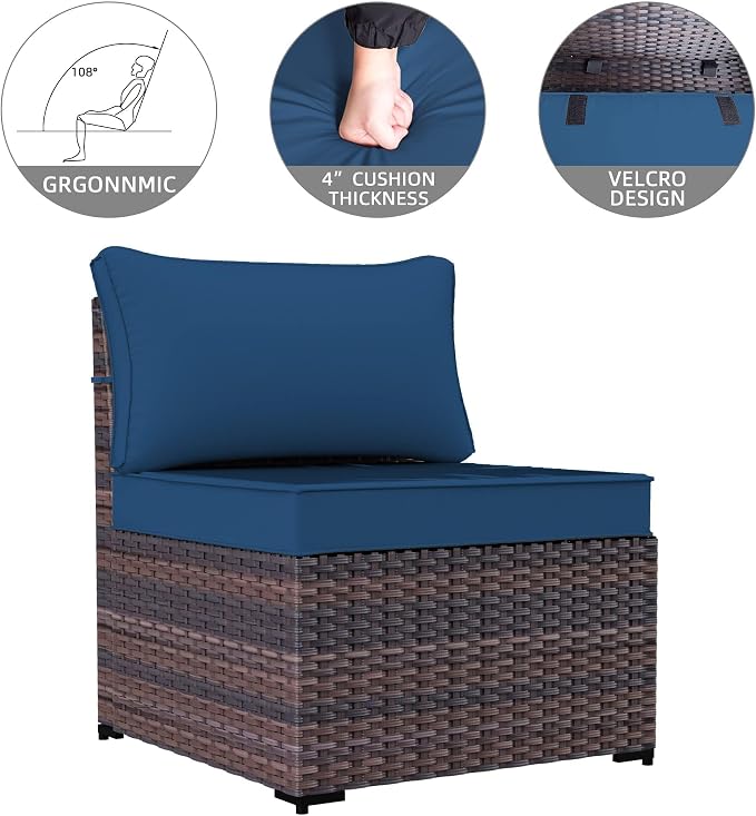 7 Pieces Outdoor Patio Furniture Sets,Wicker Conversation Set Sectional Sofa,Includes 6 All-Weather High Back PE Rattan Seating Components w/Thickened Cushions&Coffee Table,Navy