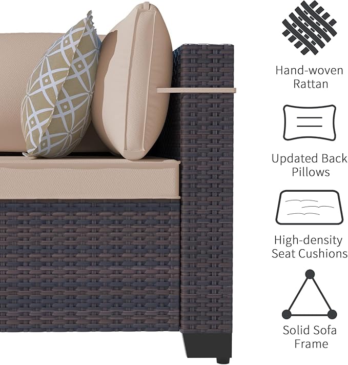 Outdoor Patio Furniture Set, 7 Pieces Outdoor Sectional Furniture Patio Sofa, All-Weather PE Rattan Patio Conversation Set with Tempered Glass Top Table & Cushions