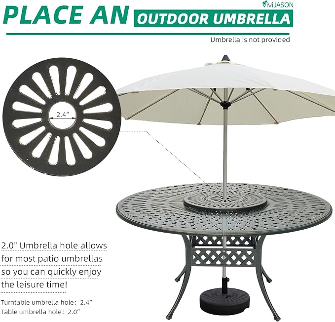 VIVIJASON Outdoor 61" Patio Dining Table for 6-8 Person, Patio Round Dining Table with 24" Lazy Susan, Cast Aluminum Rustic Patio Table W/Umbrella Hole for Balcony, Porch and Deck, Dark Bronze