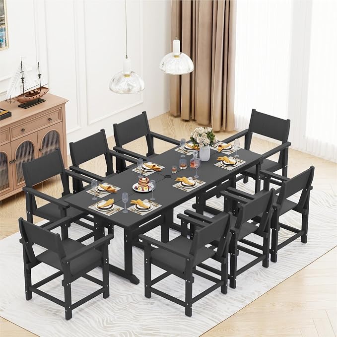 9-Piece HDPE Outdoor Patio Dining Set,Outdoor Table and Chairs,Modern Plastic Dining Sets with Umbrella Hole Cut-Out Table and 8 Chairs Black