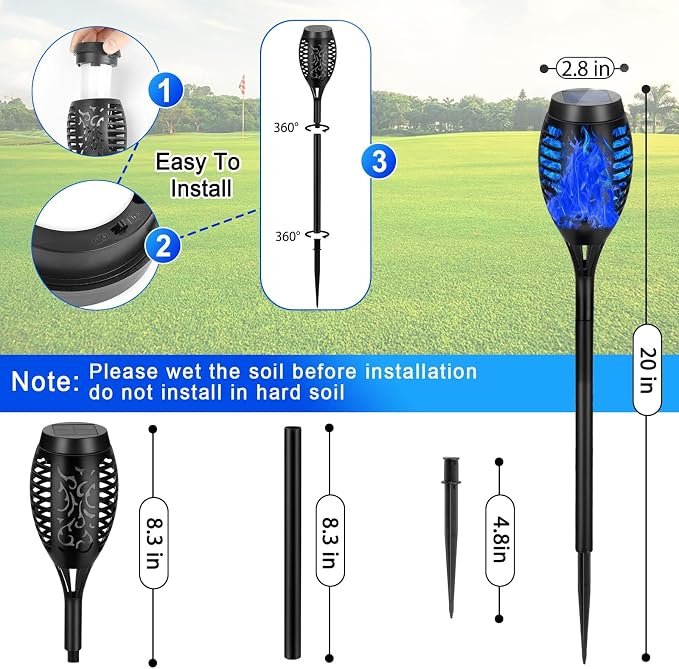 4 Pack Solar Torch Lights Outdoor Waterproof - Blue Flickering Flame, Outdoor Solar Garden Lights for Yard, Tiki Torches for Outside Patio Pathway Decorations