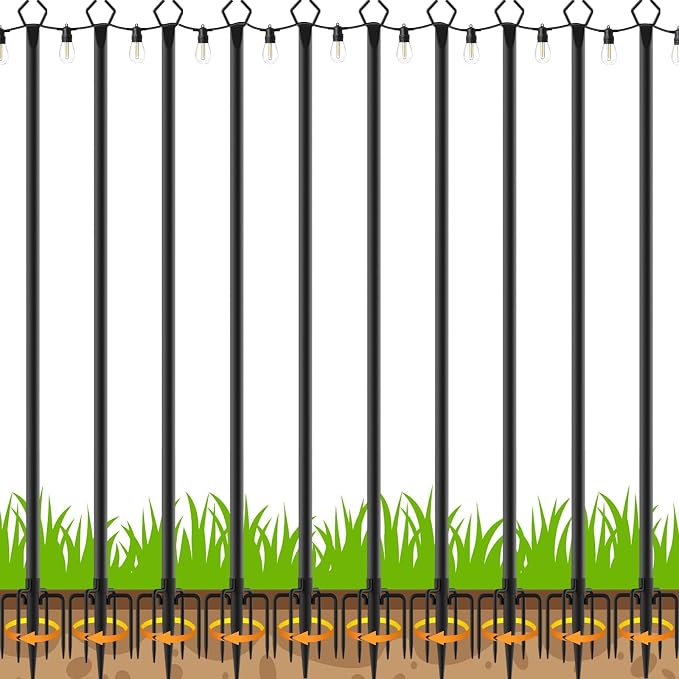 10 Pack 10 FT String Light Poles,Metal with Fork Lights Poles for Outdoor String Light, Rustproof Heavy Duty for Outside Garden,Patio,Wedding,Backyard,Deck,Party