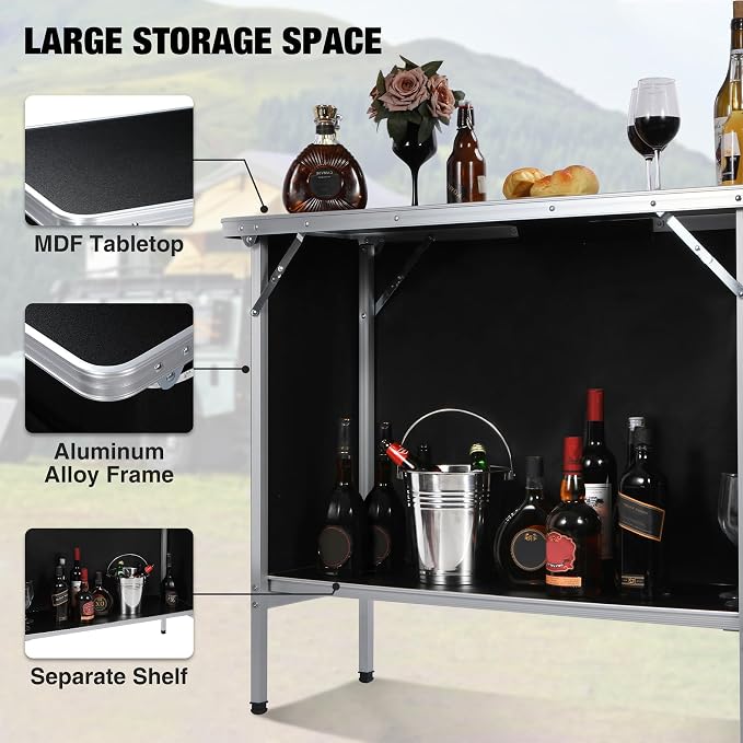REDCAMP Portable Bar Table with Multi-Color LED Lights, Pop Up Folding Mobile Bar Bartender Table Podium Table for Events, Party, Camping, Tradeshow, Exhibition, Easy Setup, Black,43"x33"x15"