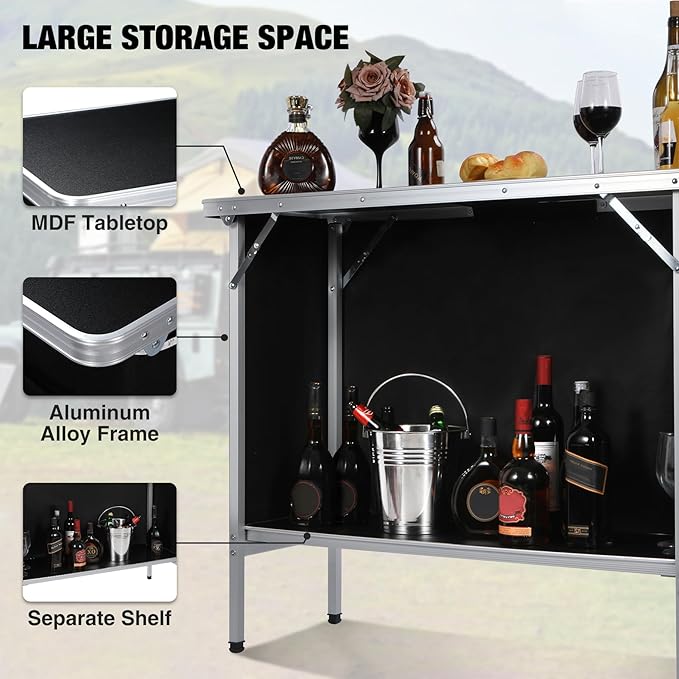 REDCAMP Portable Double Bar Table with Multi-Color LED Lights, Pop Up Folding Mobile Bar Bartender Station Podium Table for Events, Party, Camping, Tradeshow, Exhibition, Easy Setup, Black,43"x33"x15"