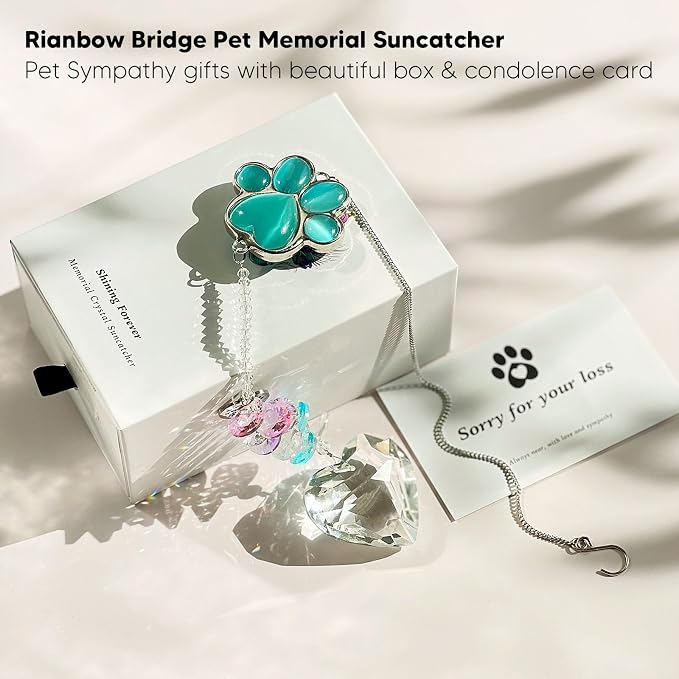 Dog Memorial Gifts for Loss of Dog, Pet Sympathy, Dog Memorial Suncatcher | Thoughtful Dogs and Cats Bereavement Remembrance Gifts, Natural Cat's Eye Paw Crystal Suncatcher