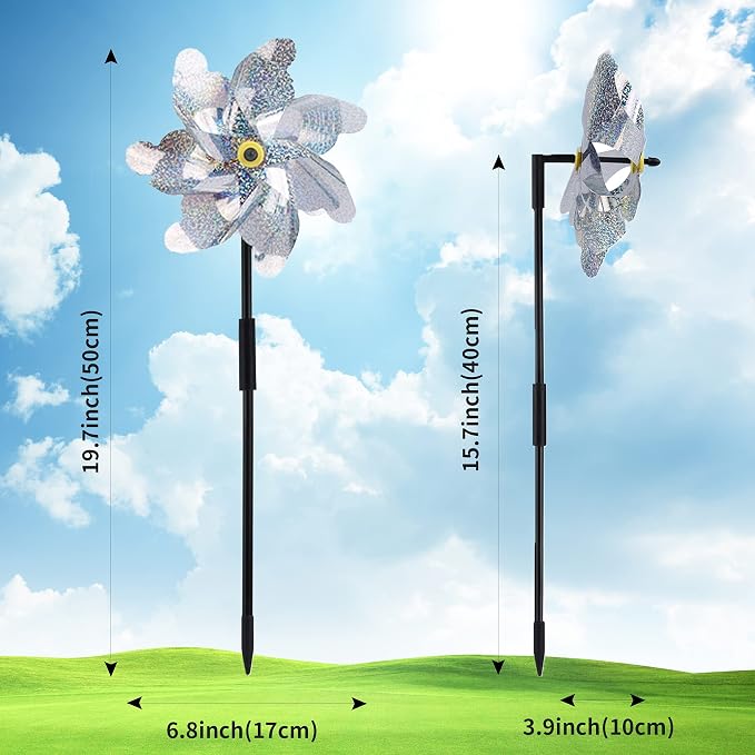 BATTIFE Preassembled Reflective Pinwheels for Yard & Garden, Silver, 12Pack | Sparkly Reflective Material Spinner, Spins Best in Steady Wind, Animal-Deterrent Results Vary by Placement and Conditions