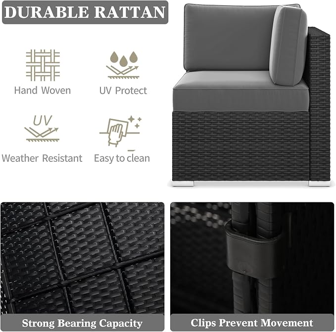 LayinSun 11 Pieces Patio Furniture Set with Fire Pit Table, Black Rattan Modular Sectional Outdoor Conversation Sofa Set, Swivel Rocking Chairs Set