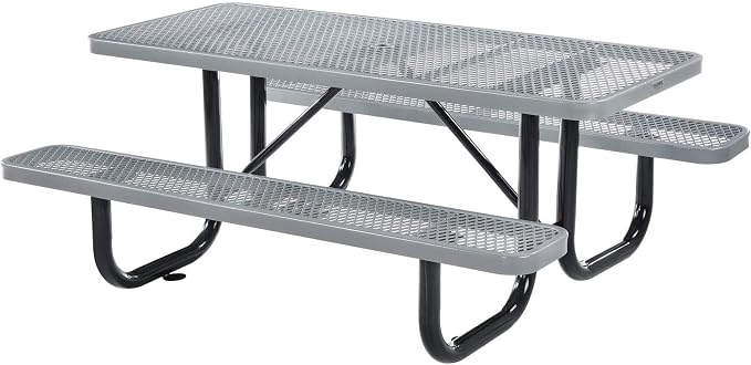 Global Industrial 6’L Rectangular Picnic Table, Expanded Metal, Gray Thermoplastic Coating, Attached Benches, 1-1/2” Umbrella Pole Hole, Outdoor-Rated, 1000 lb Capacity, 72” x 30” Tabletop