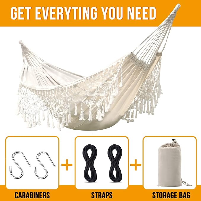 Hammock Boho Large Brazilian Macrame Fringe 2 Person Double Deluxe Hammock Swing,Perfect for Camping Outdoor/Indoor Patio Travel Bedroom Backyard(White)
