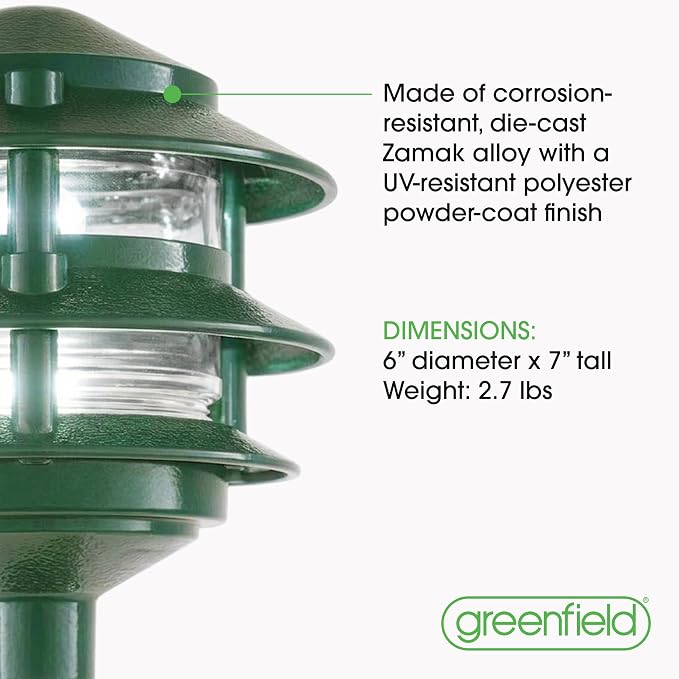 Greenfield Made in the USA Weatherproof Line-Voltage (120V) LED Outdoor Pathway Light – 3-Tier Permanent Outside Light for Walkway, Driveway & Landscaping – Professional Grade – Green