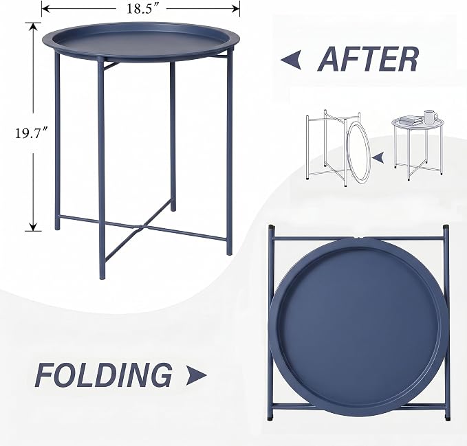 VECELO Side/End Table, Folding Round Metal Anti-Rust and Waterproof Outdoor or Indoor Tray for Living Room Bedroom Balcony and Office, 2 PCS, Blue