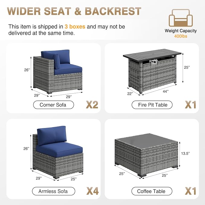 Aoxun Patio Furniture Sets, 8-Piece Outdoor Patio Furniture with 44'' Propane Gas Firepit Table, Wicker Outdoor Conversation Set Sectional Sofa for Backyard, Poolside, Garden